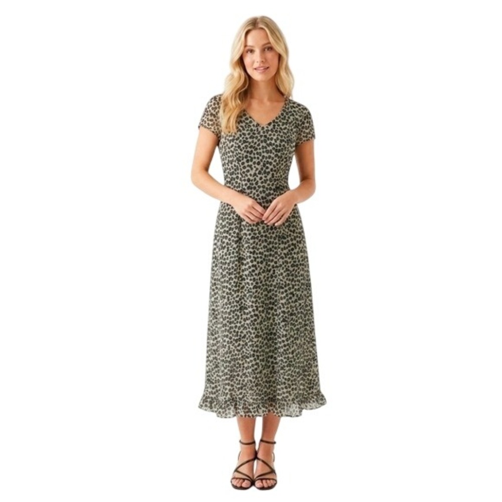 Vintage Cheetah Print V-Neck Midi Dress Short Sleeve Ruffle Hem Size 4 Friends